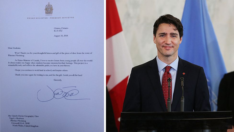 A picture of Canadian Prime Minister Justin Trudeau and a copy of the letter he sent to the school