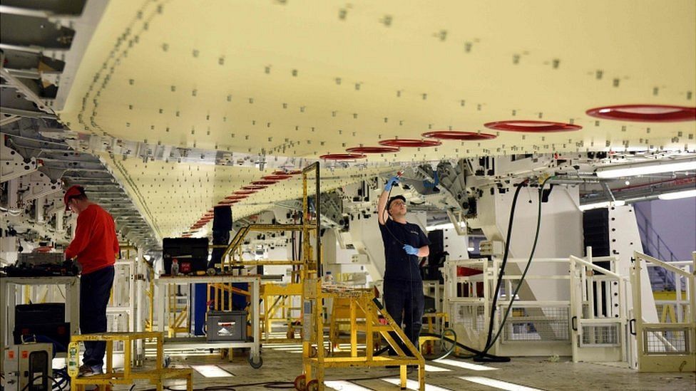 Workers at Airbus's wing production plant near Broughton in Wales