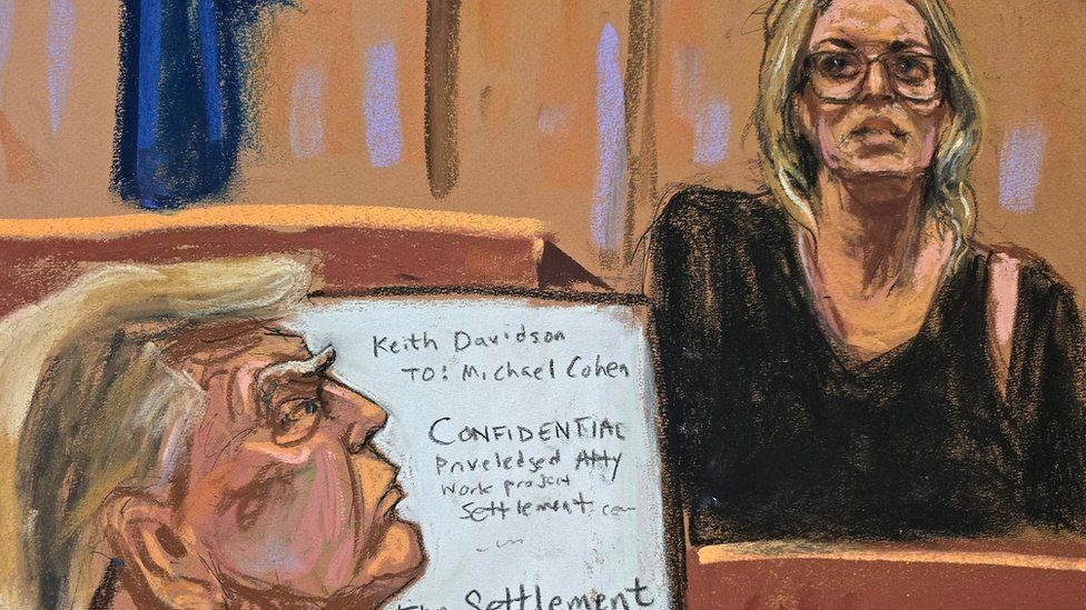 Donald Trump and Stormy Daniels successful  court, a sketch