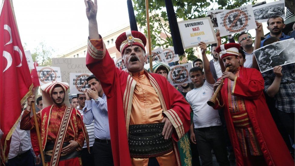 People in Ottoman costumes protest against the German parliament decision to adopt a resolution on the Armenian Genocide in front of the German Consulate in Istanbul