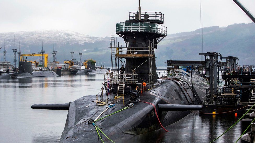 Vanguard-class submarine HMS Vigilant, one of the UK"s four nuclear warhead-carrying submarines.