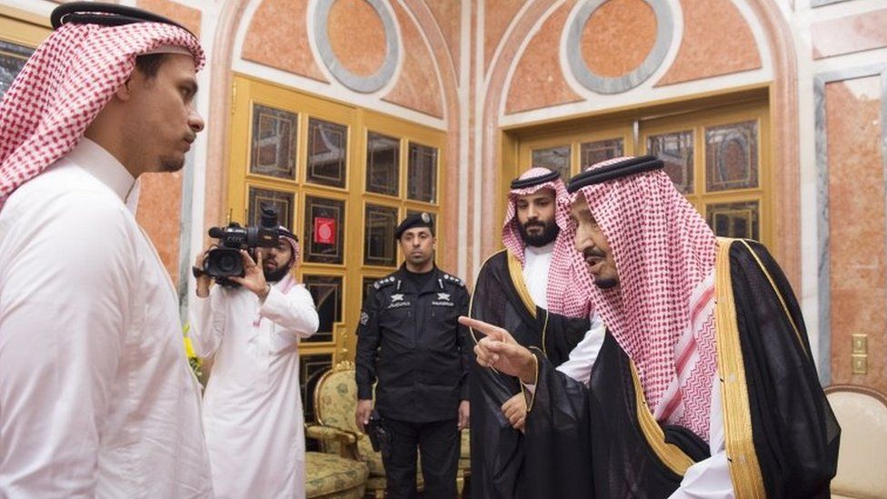 Jamal Khashoggi's son Salah (L) meets Saudi Arabia's King Salman (R) and Crown Prince Mohammed bin Salman (2nd R) in Riyadh on 23 October 2018
