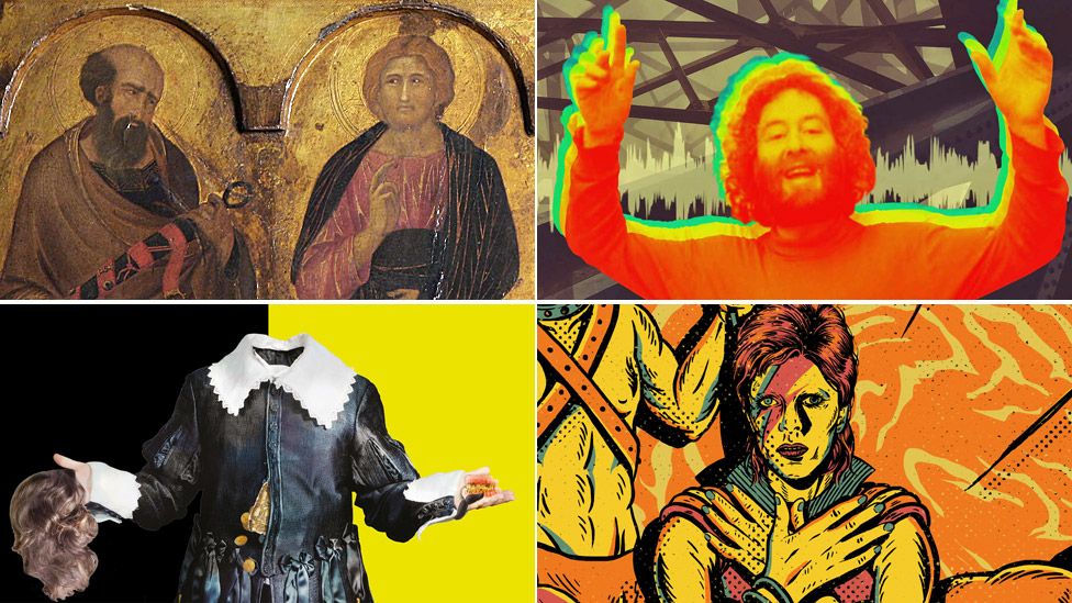Clockwise from top left: Pietro Lorenzetti's Christ Between Saints Paul and Peter (detail), Basil Kircher, Ziggy Stardust and The Hypocrite