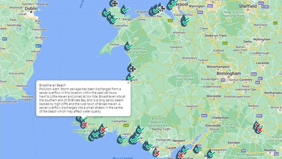 A map of Wales showing sewage alerts