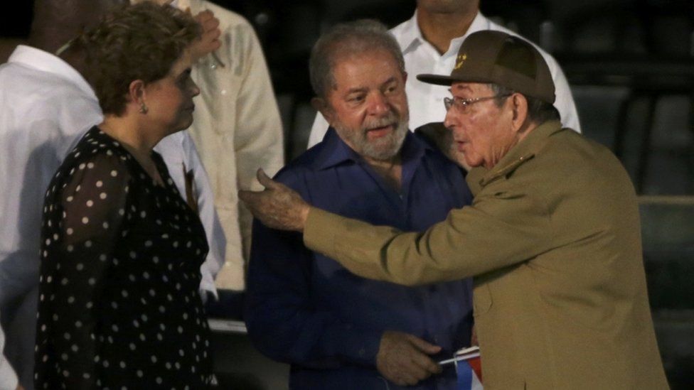 Former Brazilian Presidents Dilma Rousseff and Luiz Inacio Lula da Silva were greeted by Raul Castro in Revolution Square.