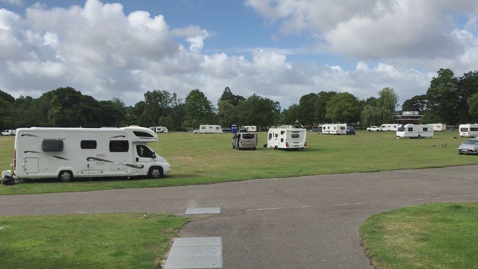 Travellers in Poole Park in June 2020
