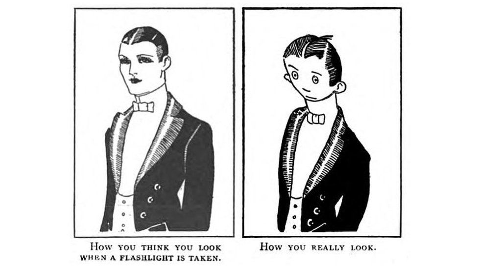 On the left of the cartoon, a well-dressed attractive gentleman is captioned with "How you think you look when a flashlight is taken". On the right, an unattractive gentleman is captioned with "How you really look".