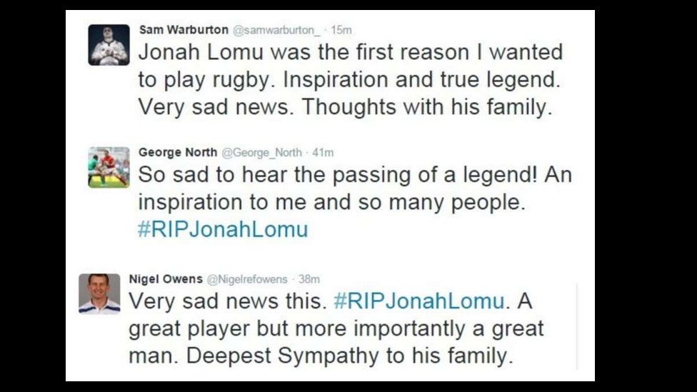 Tweets from Sam Warburton, George North and Nigel Owens paying tribute to Jonah Lomu