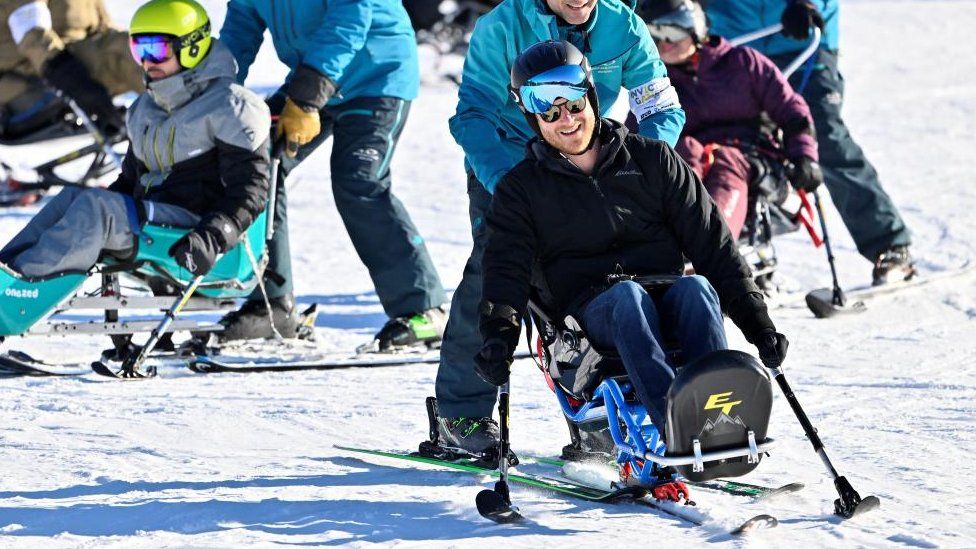 Prince Harry, Duke of Sussex, practices sit-skiing during a visit to the training camp for the Invictus Games Vancouver Whistler 2025, in Whistler, British Columbia, Canada February 14, 2024