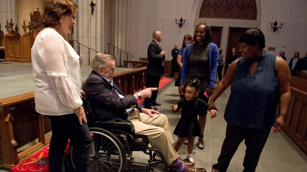 Former President George HW Bush greets the mourners with his daughter Dorothy "Doro" Bush Koch during the visitation of former first lady Barbara Bush