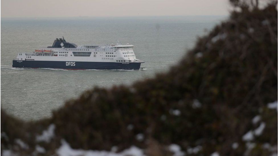 A cross-channel ferry arrives at the port of Dover