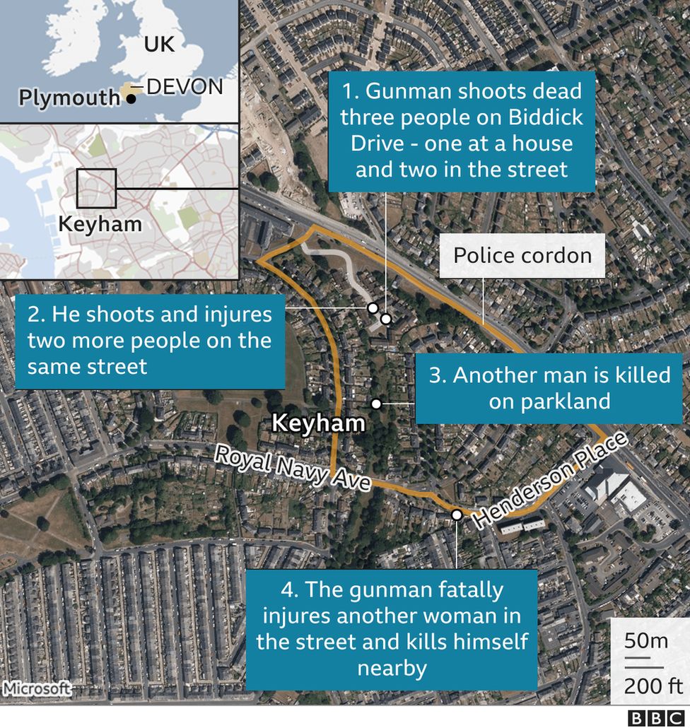 Map showing location of events in Keyham shooting