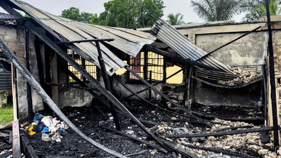 A burnt-out school building in Guyana