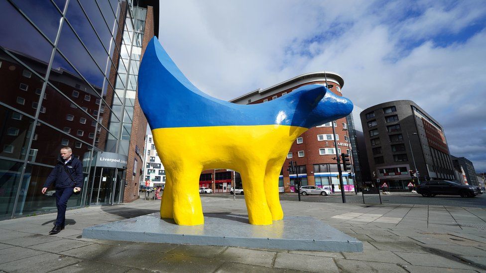 The Superlambanana sculpture outside the Avril Robarts Library of Liverpool John Moores University painted in the colours of the Ukrainian flag, ahead of the city hosting the Eurovision Song Contest on 13 May