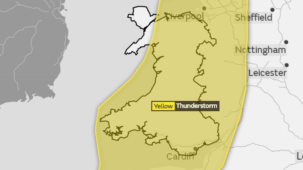 A picture of the Met Office map. Wales is covered by a yellow weather warning