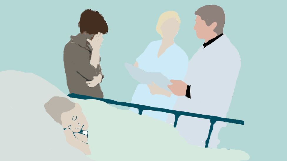 Illustration of parents and doctors around a bed