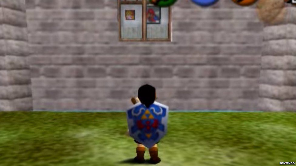Link looks through the window of Hyrule Castle at the blurry portraits of Mario and Peach