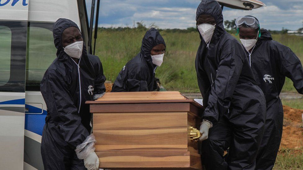 Coffin being carried by funeral workers in Zimbabwe