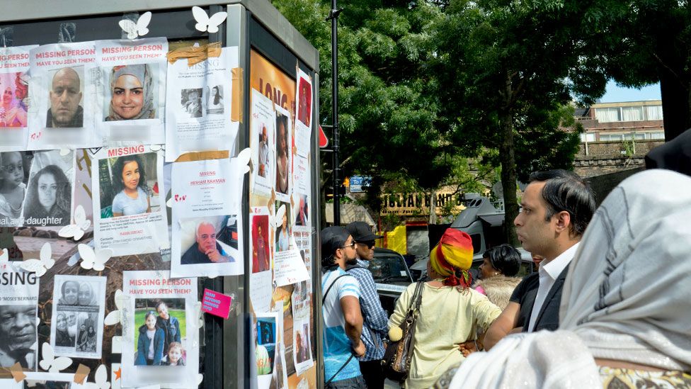Missing posters outside Grenfell Tower