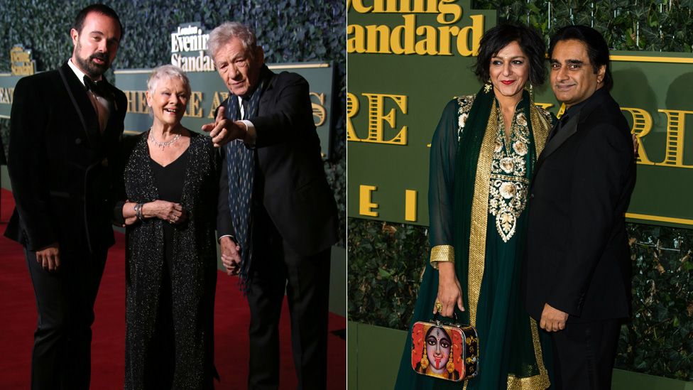 Evgeny Lebedev, chairman of the Evening Standard, Dame Judi Dench and Sir Ian McKellen pose together, and Meera Syal and Sanjeev Bhaskar