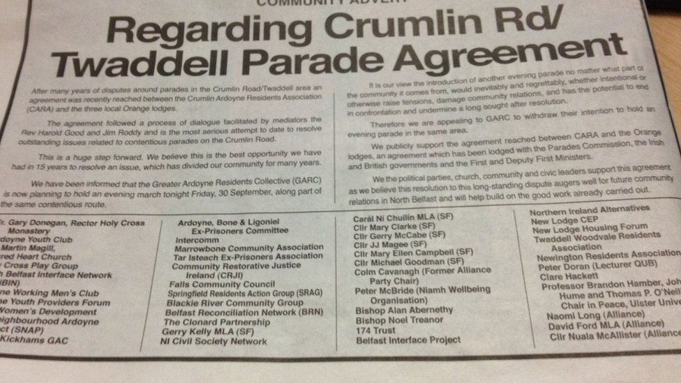 Church leaders, politicians, academics as well sporting and community organisations have signed an advert in the 'Irish News' in support of the north Belfast parades agreement