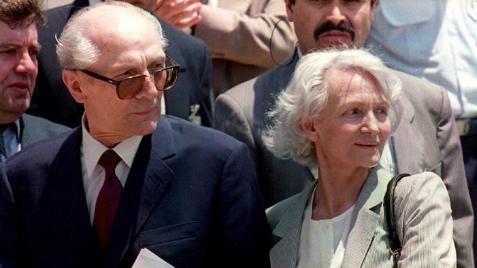 Former East German President Erich Honecker pictured with his wife Margot Honecker in 1993 at Santiago Airport in Chile.