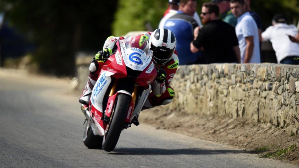 William Dunlop on his motorcycle during practice at the Skerries 100