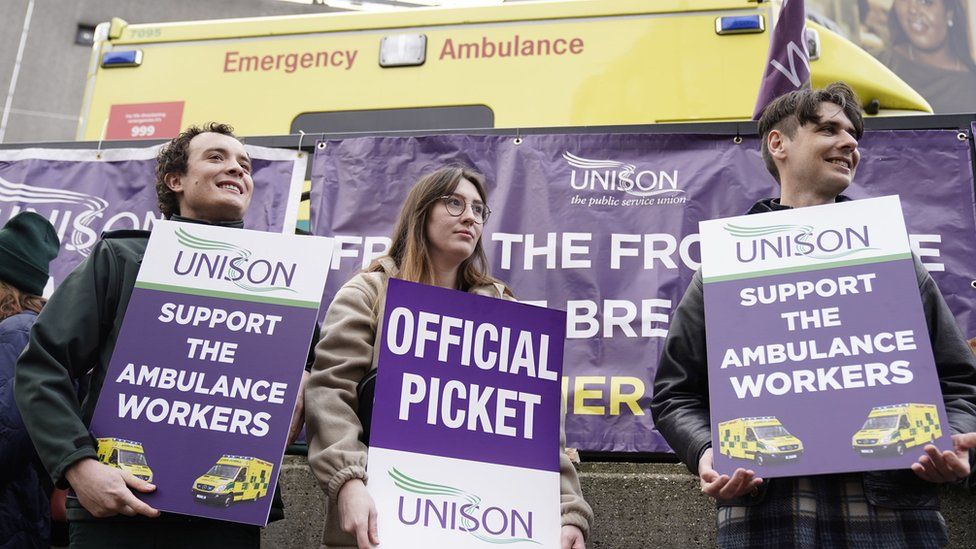 Ambulance workers on a picket line in London during a strike