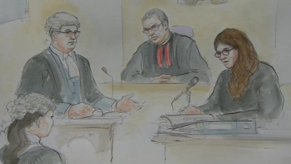 A court sketch of Sarah Hewitt-Clarkson