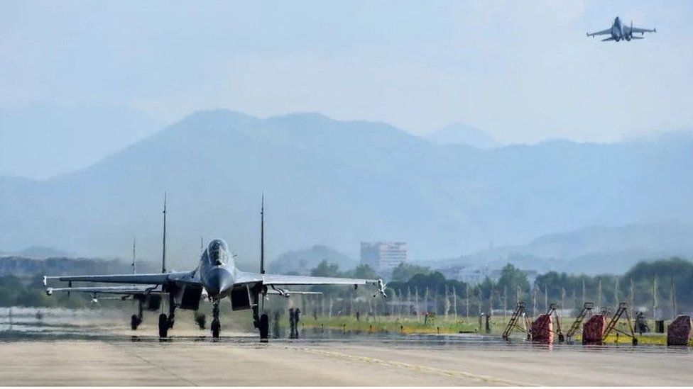 An Air Force aircraft under the Eastern Theatre Command of China"s People"s Liberation Army (PLA) takes off for military exercises in the waters around Taiwan