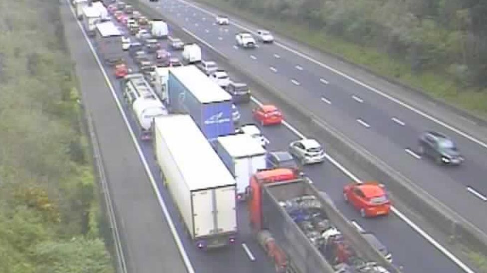 Traffic at standstill on the M5 near Bristol seen on traffic CCTV cameras