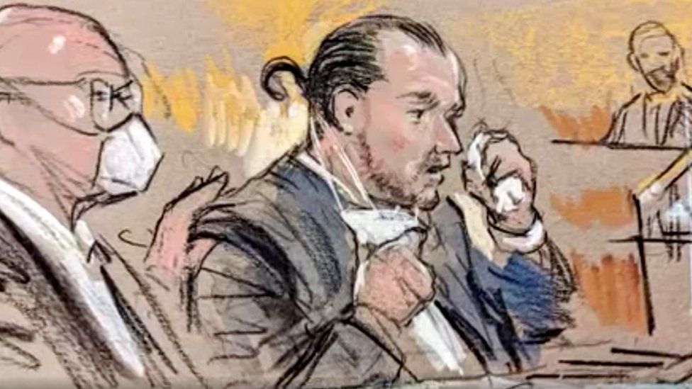 Sketch of Guy Raffitt crying in the courtroom when his son Jackson took the stand against him
