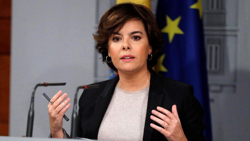 Spanish Deputy Prime Minister Soraya Saenz de Santamaria addresses a press conference after the Spanish Government received a letter by Catalonian regional President Puigdemont, at La Moncloa Palace in Madrid, Spain, 16 October 2017