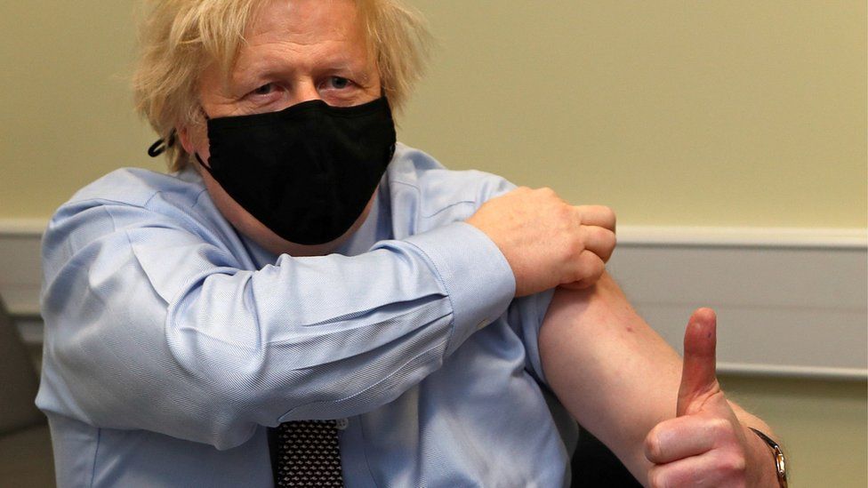 Prime Minister Boris Johnson pictured after receiving a dose of the Oxford-AstraZeneca Covid vaccine