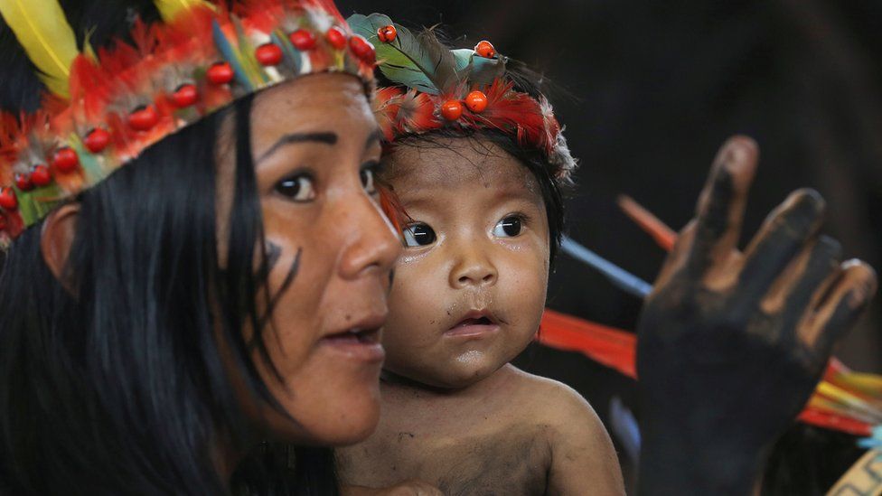 Members of an indigenous group from the Amazon region attend a meeting with Pope Francis at the Coliseo Regional Madre de Dios in Puerto Maldonado, Peru, January 19, 2018