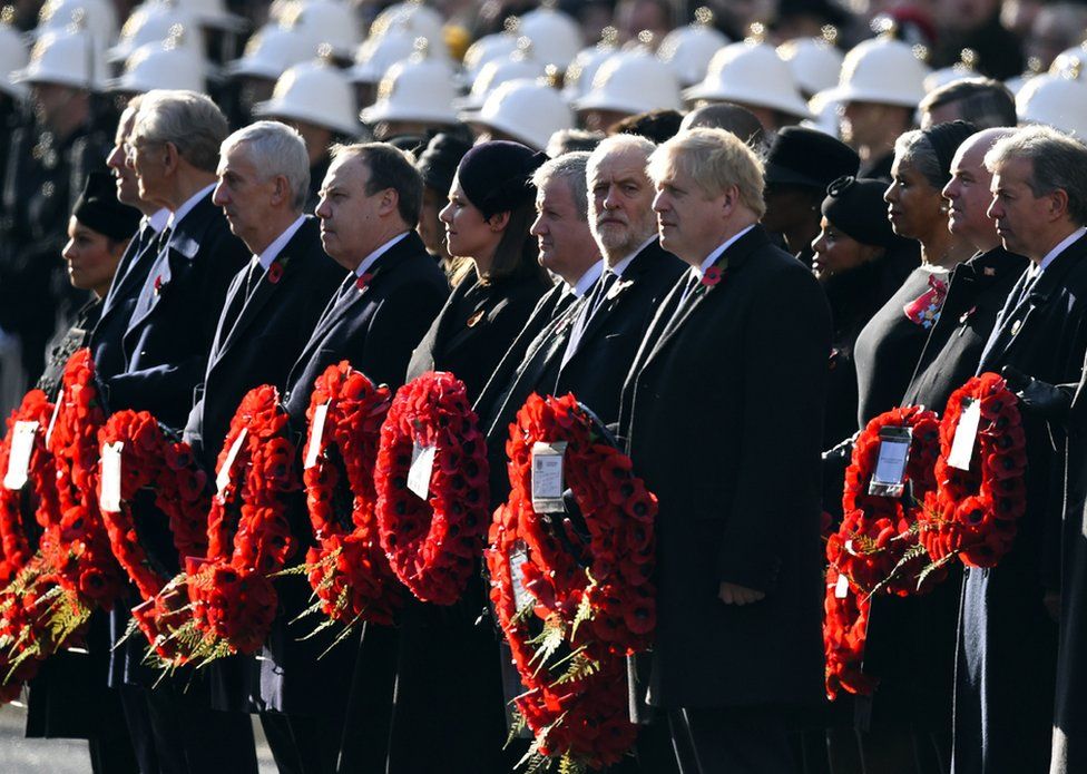Prime Minister Boris Johnson and Labour Party leader Jeremy Corbyn prepare to lay wreaths in the annual Remembrance Sunday memorial service at The Cenotaph