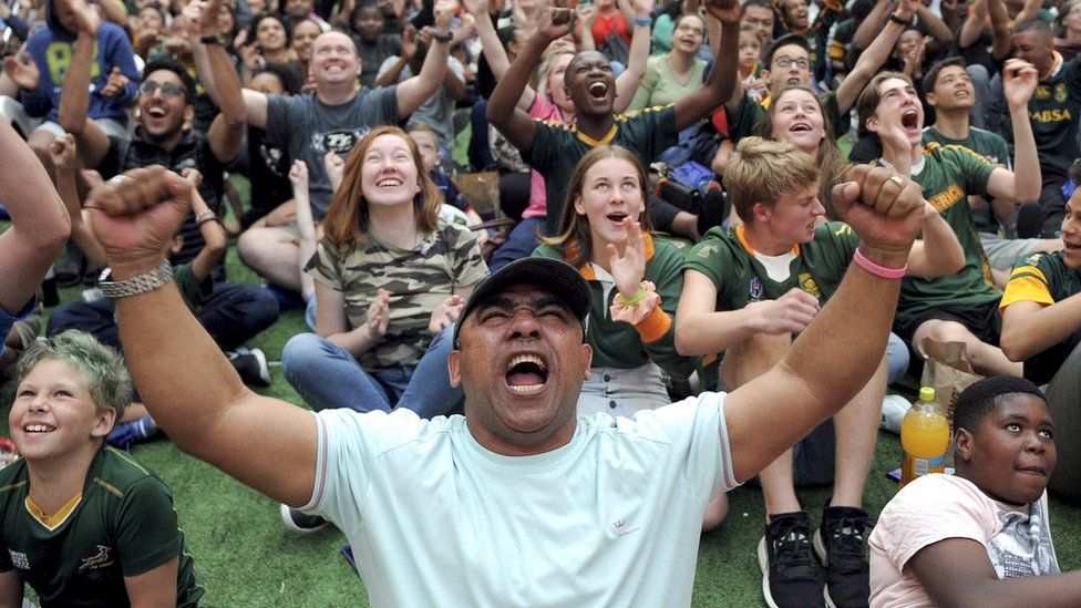 Fans in Cape Town cheer on the Springboks