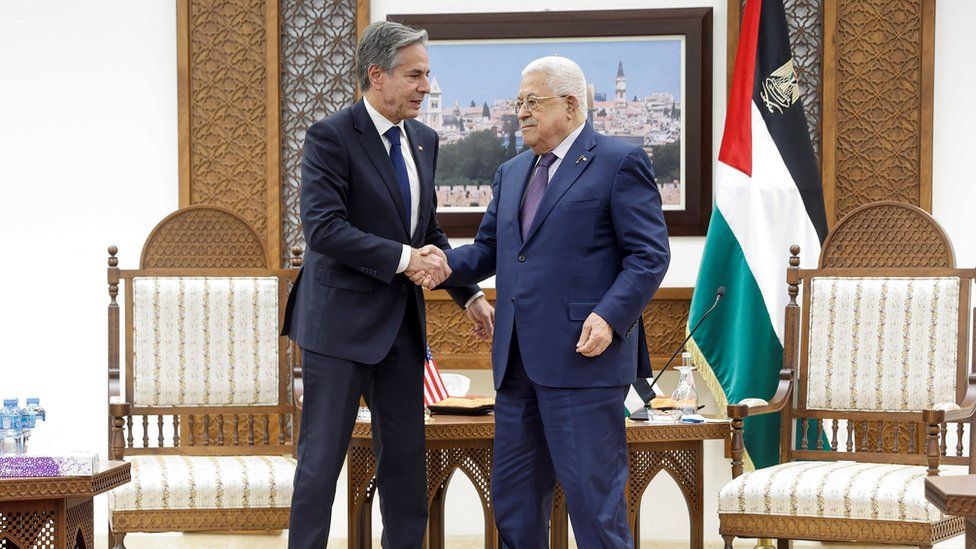 U.S. Secretary of State Antony Blinken meets with Palestinian President Mahmoud Abbas amid the ongoing conflict between Israel and the Palestinian Islamist group Hamas, at the Muqata in Ramallah in the Israeli-occupied West Bank