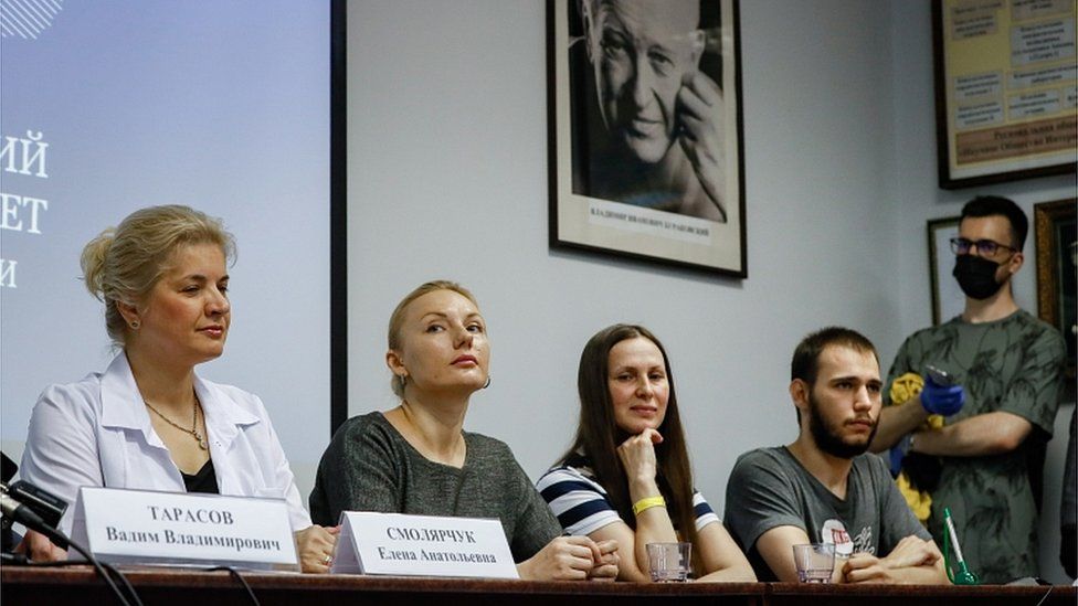 A news conference at the Science and Practice Center for Interventional Cardioangiology in Moscow, Russia, 15 July 2020