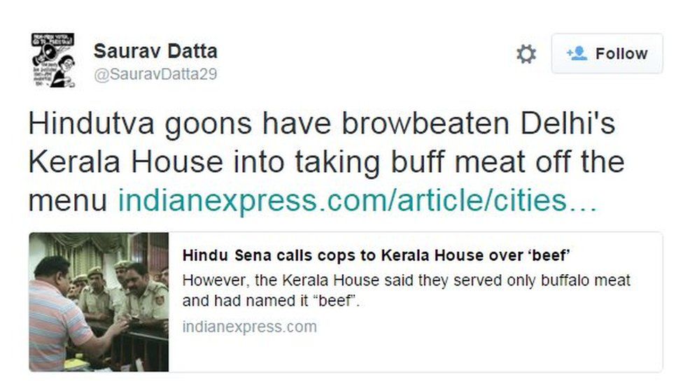 Hindutva goons have browbeaten Delhi's Kerala House into taking buff meat off the menu http://indianexpress.com/article/cities/delhi/hindu-sena-calls-cops-to-kerala-house-over-beef/ …