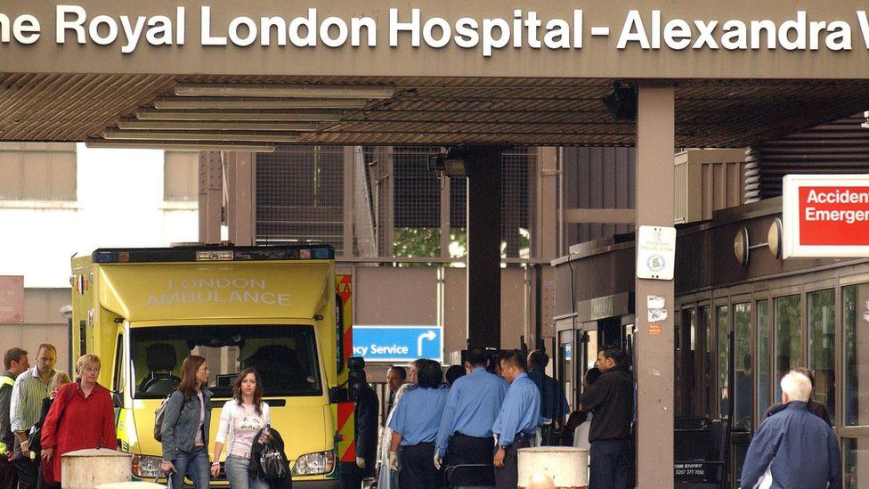 A London Ambulance arrives at the Royal London Hospital in Whitechapel