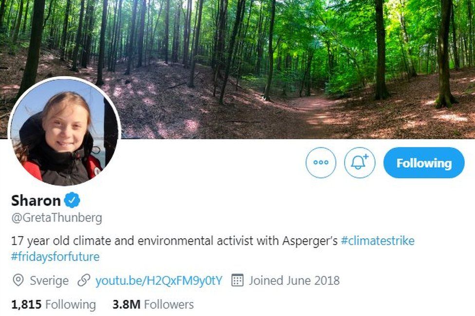 Screenshot of Greta Thunberg's Twitter profile, with her name changed to "Sharon"