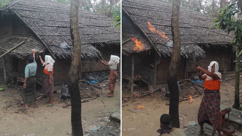 A photo comp showing three people at work calmly seeting a home alight, left, and right, a woman with a cloth on her head waves a knife around in a post as the fire catches