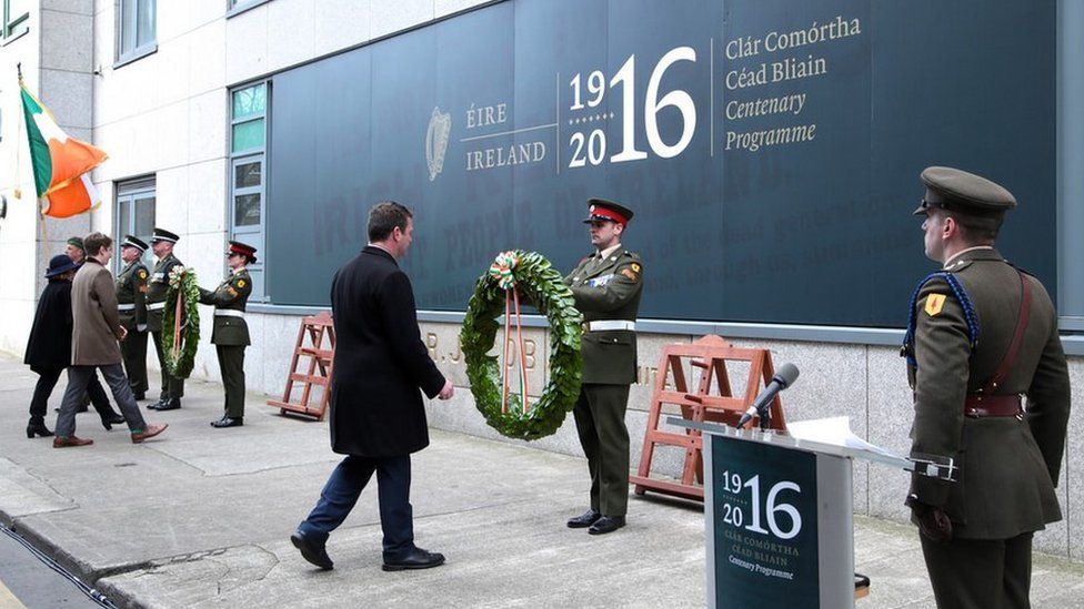 Acting Minister For Environment Alan Kelly laid at wreath at Jacob's biscuit factory in Dublin, a rebel stronghold during the 1916 Easter Rising