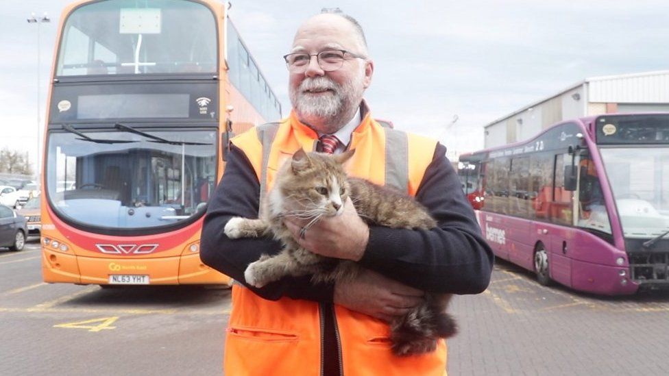 Stephen Howe carrying Dave the depot cat