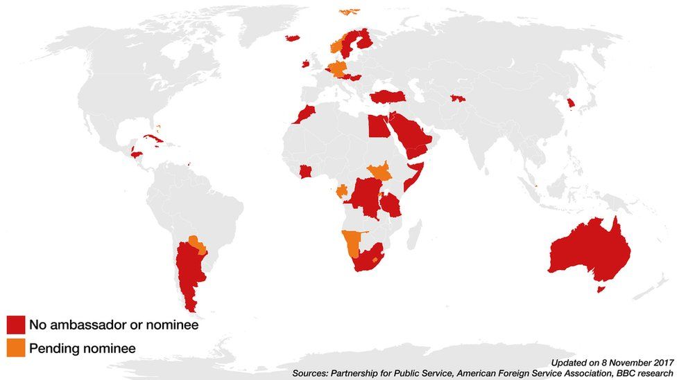 Map showing countries where the US is without an ambassador or a nominee as well as where nominations are pending.