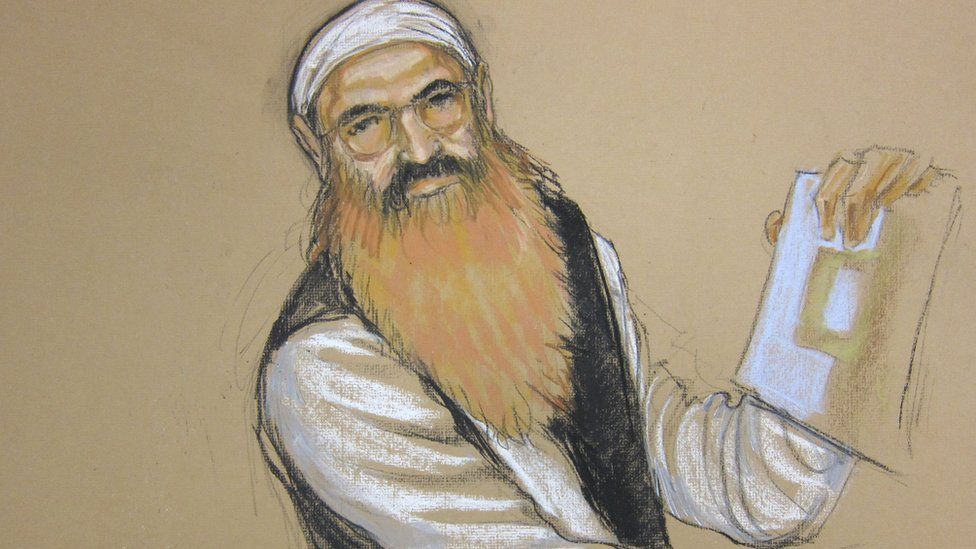 Artist sketch of Khalid Sheikh Mohammed during a pre-trial hearing at Guantanamo Bay, Cuba, on October 15, 2012
