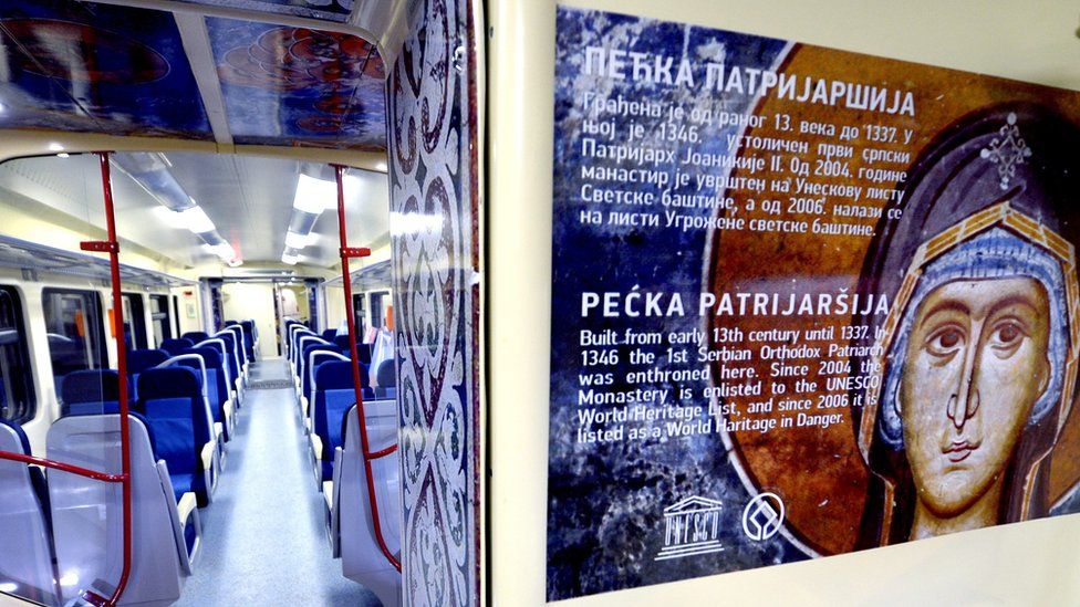 Carriages on the train featured Serbian Orthodox religious icons from famous monasteries in Kosovo