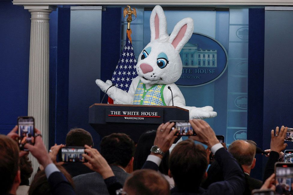 The Easter bunny makes a guest appearance in the White House briefing room in Washington, U.S., April, 1, 2024.