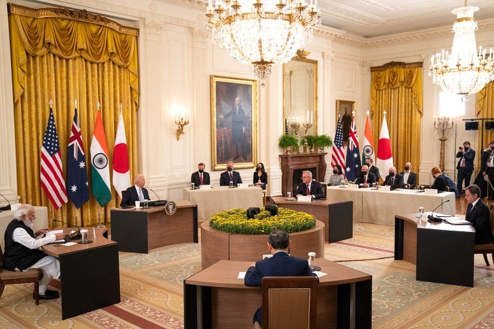 US President Joe Biden hosts a Quad leaders' summit with India Prime Minister Narendra Modi, left, Japan Prime Minister Suga Yoshihide, Australian Prime Minister Scott Morrison and Secretary of State Antony J Blinken in the East Room at the White House in Washington, DC, USA on 24 September 2021